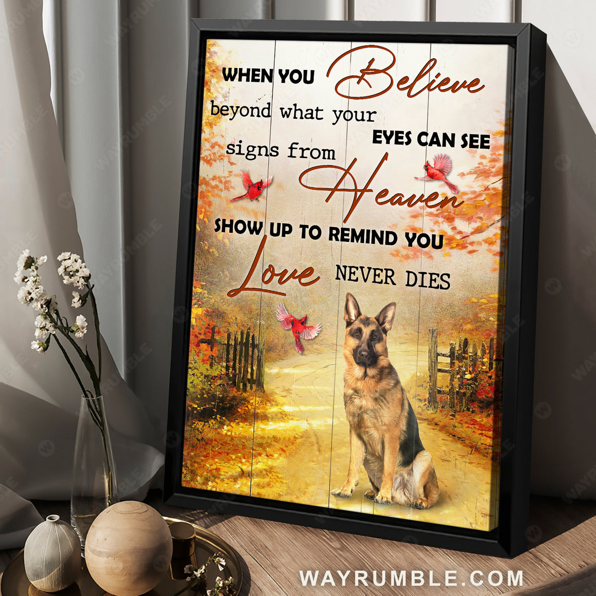 Autumn forest, German shepherd, Signs from heaven show up to remind love never dies - Jesus Portrait Canvas Prints, Christian Wall Art