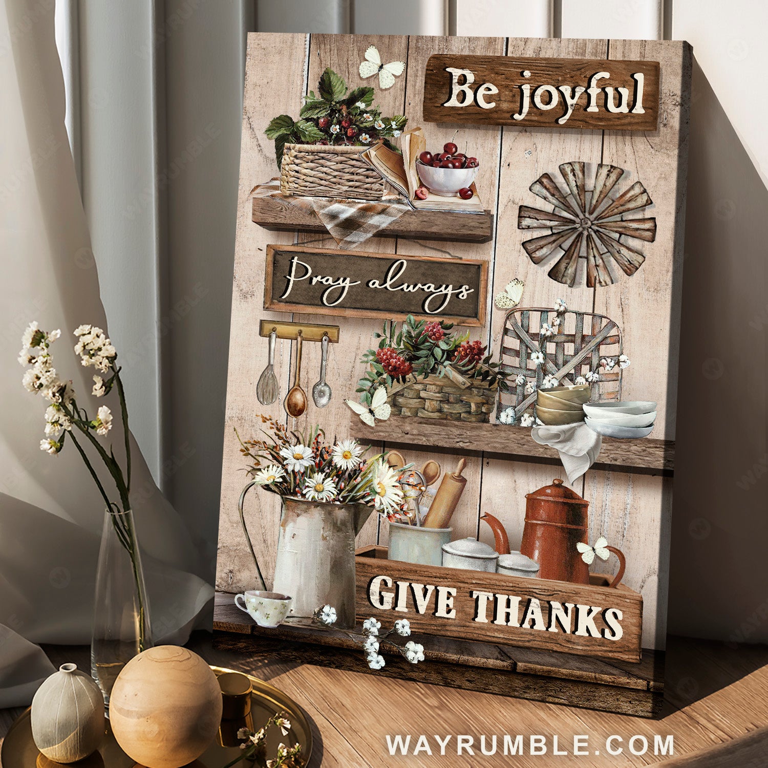 Vintage kitchen, Cranberry drawing, Be joyful, Pray always, Give thanks - Jesus Portrait Canvas Prints, Kitchen Wall Art