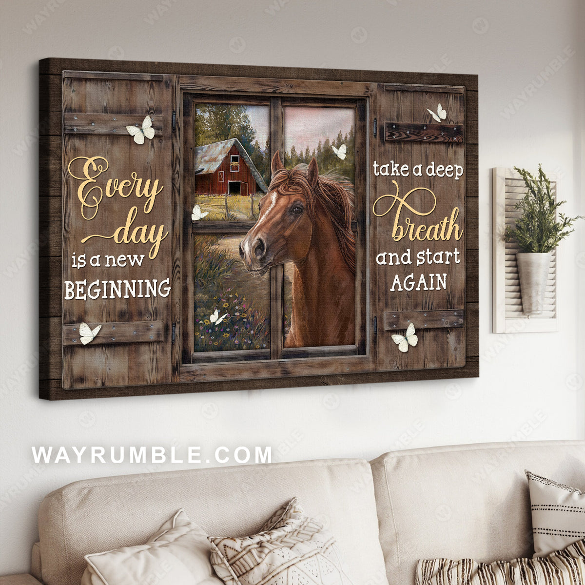 Brown horse, Cute window, Farm painting, Every day is a new beginning - Jesus Landscape Canvas Prints, Christian Wall Art