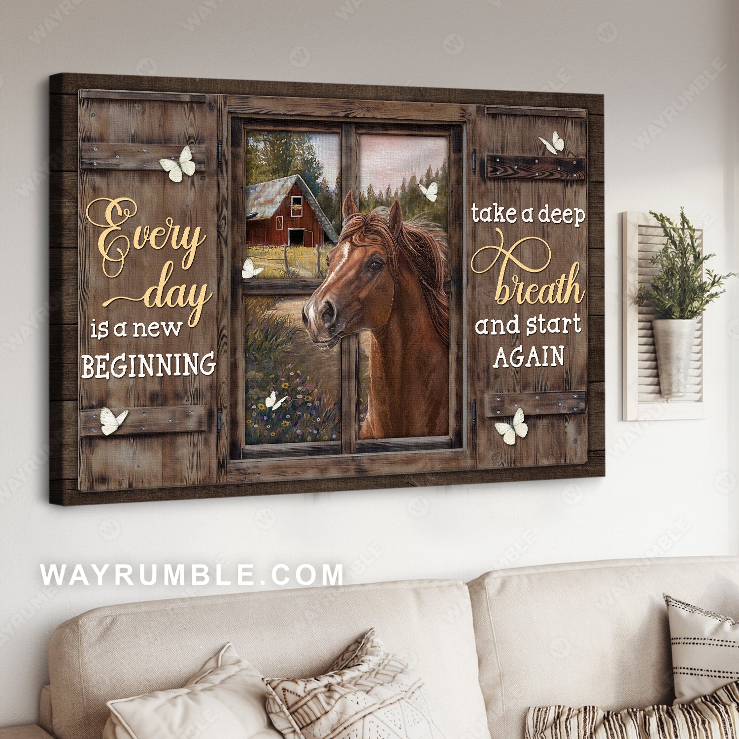 Brown horse, Cute window, Farm painting, Every day is a new beginning - Jesus Landscape Canvas Prints, Christian Wall Art