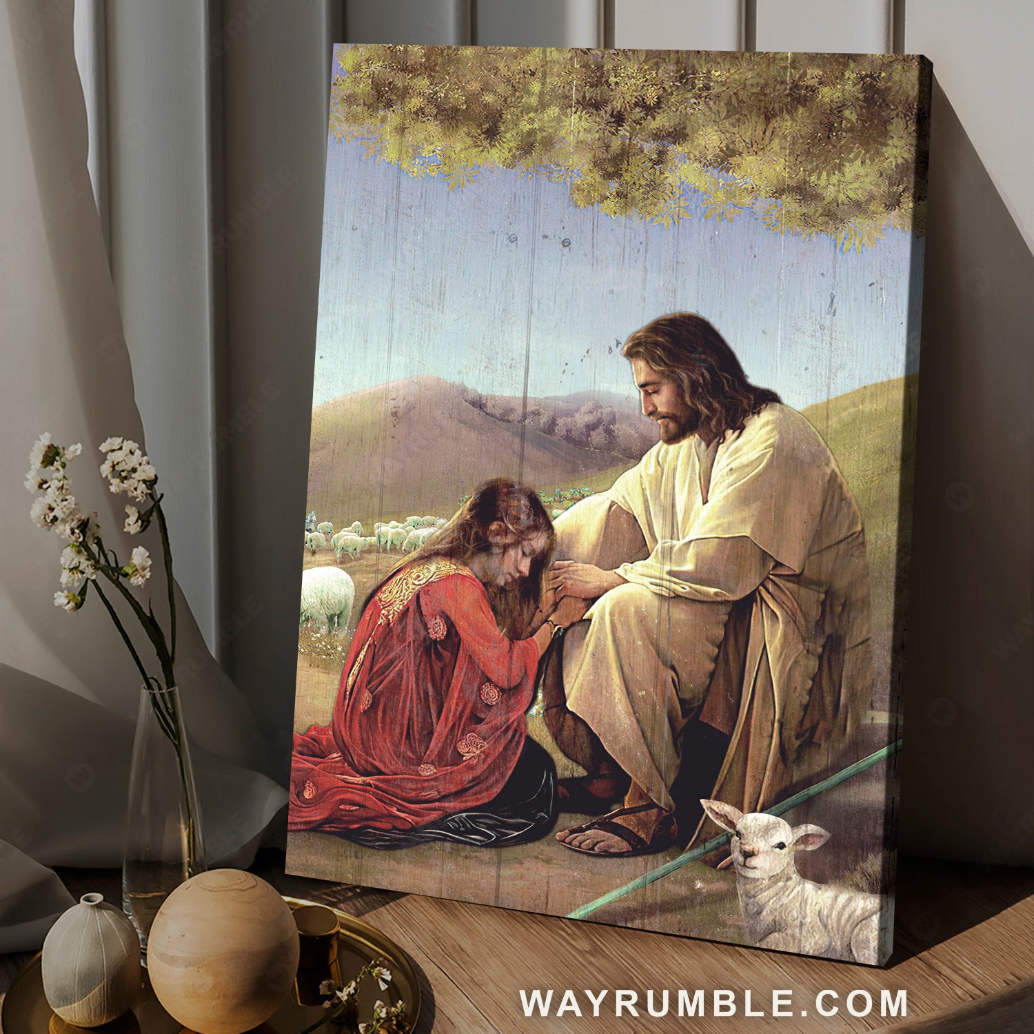 Walking with Jesus, Pray for healing, Lamb farm, Meadow land - Jesus Portrait Canvas Prints, Christian Wall Art