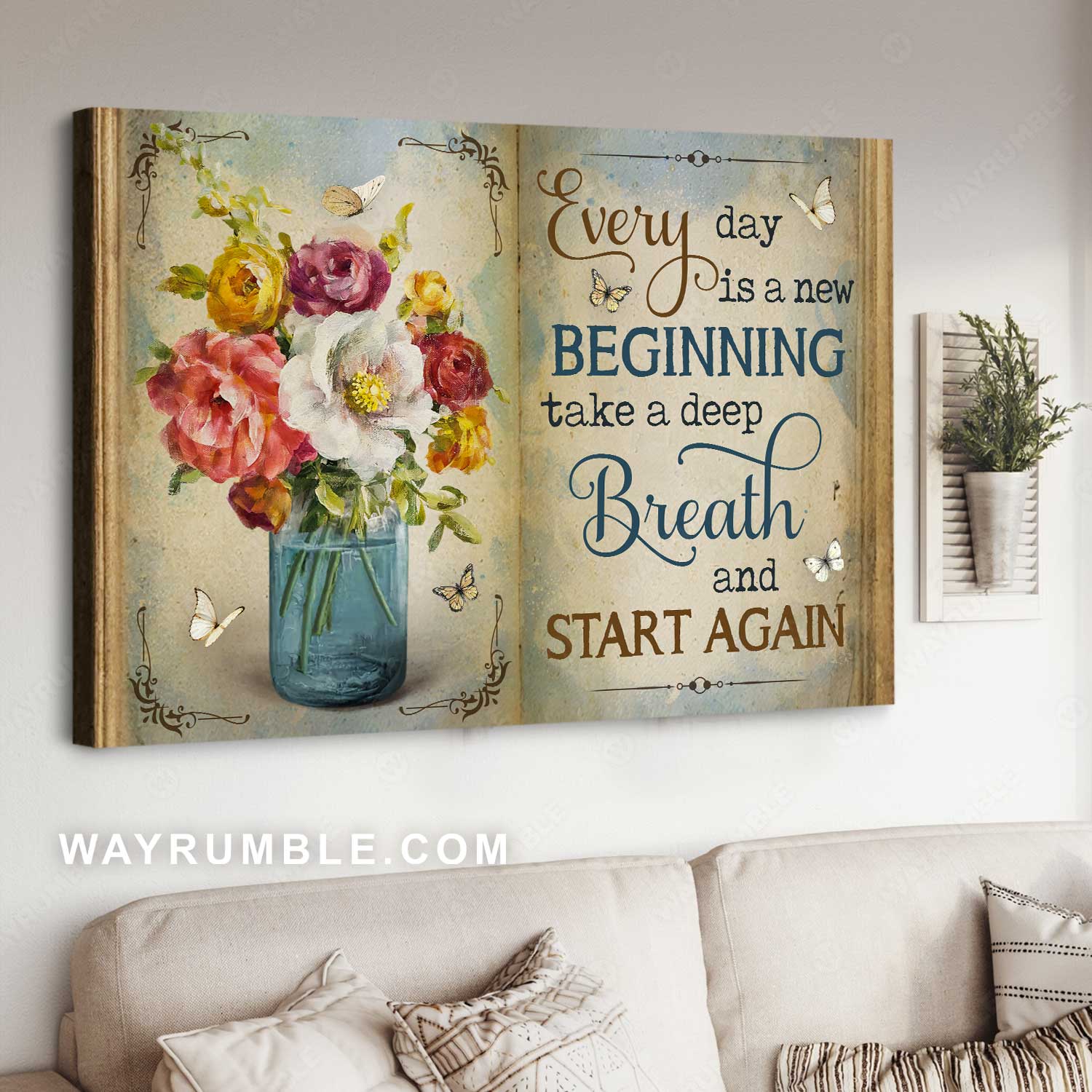 Beautiful flower, Colorful painting, White butterfly, Every day is a new beginning - Jesus Landscape Canvas Prints, Home Decor Wall Art