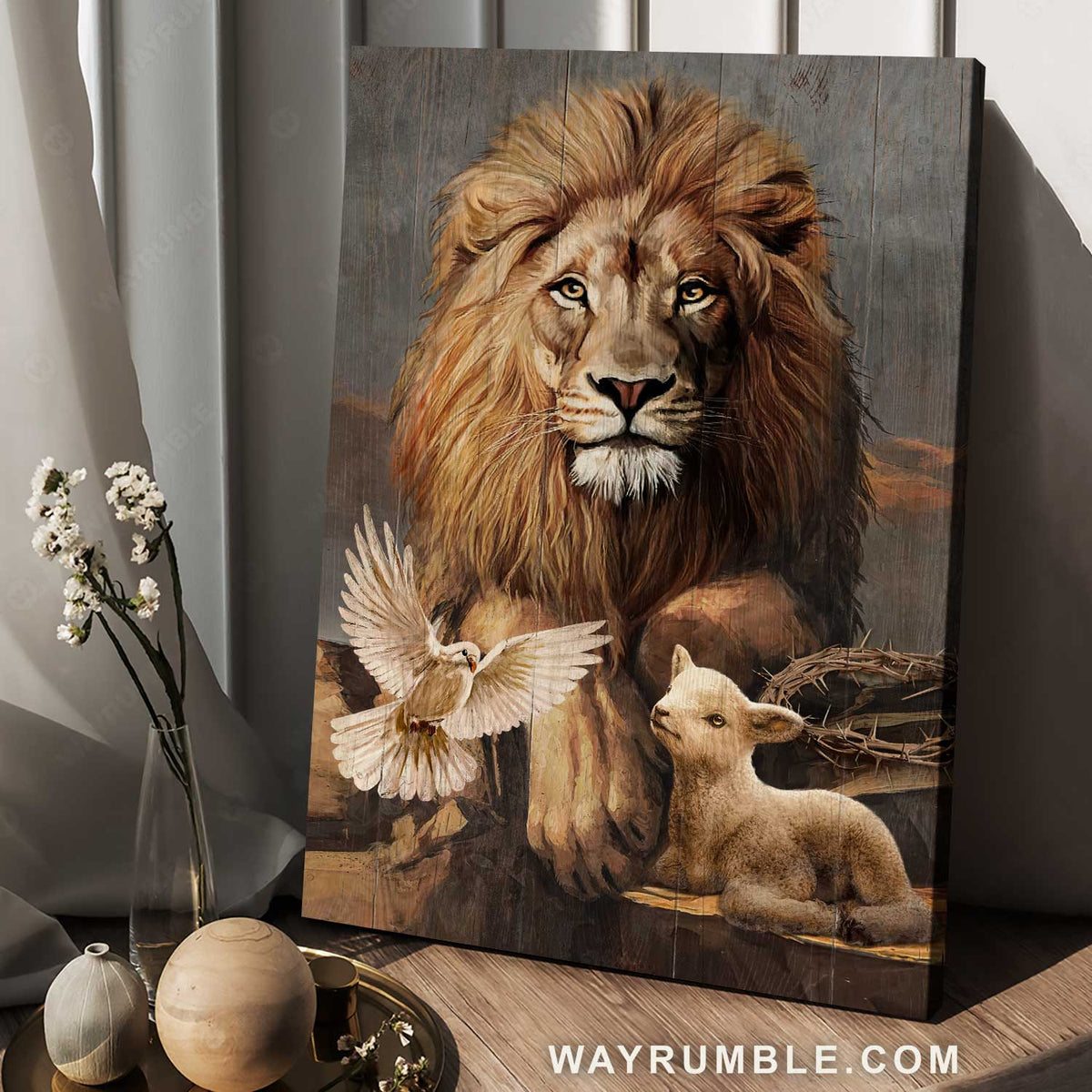 Big lion painting, Little lamb, Beautiful dove, Jesus symbol - Jesus Portrait Canvas Prints, Home Decor Wall Art