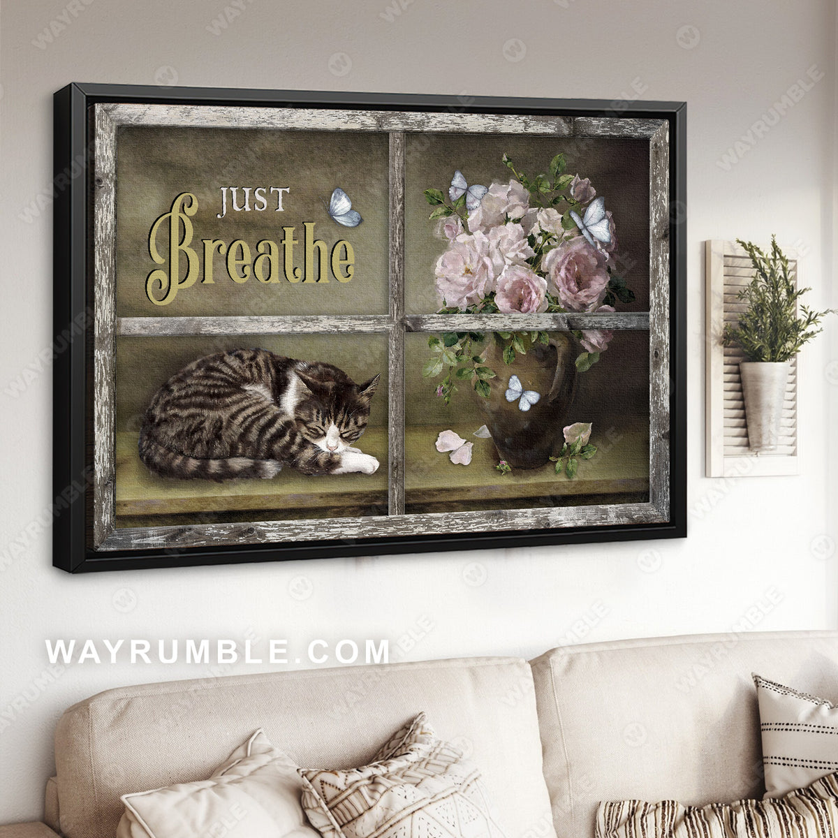 Sleeping cat, Light pink rose, Butterfly, Just breathe - Jesus Landscape Canvas Prints, Christian Wall Art