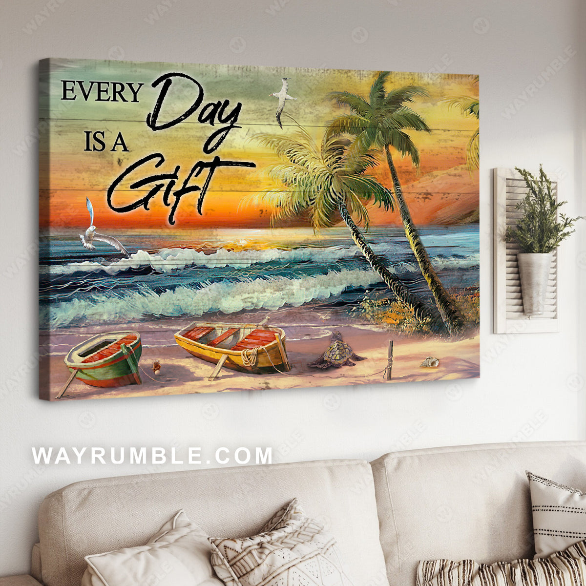 Brilliant beach painting, Amazing sunset, Seagull, Everyday is a gift - Jesus Landscape Canvas Prints, Christian Wall Art