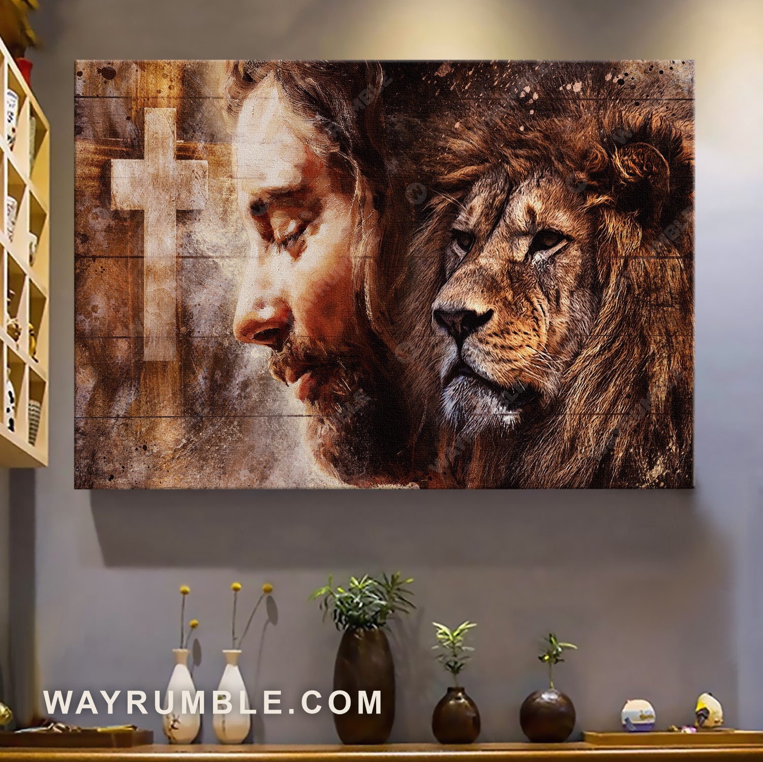 Watercolor cross, Stunning lion face, The painting of Jesus - Jesus Landscape Canvas Prints, Home Decor Wall Art