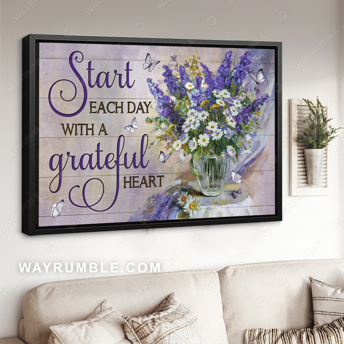Beautiful lavender flower, Daisy vase, Start each day with a grateful heart - Jesus Landscape Canvas Prints, Christian Wall Art