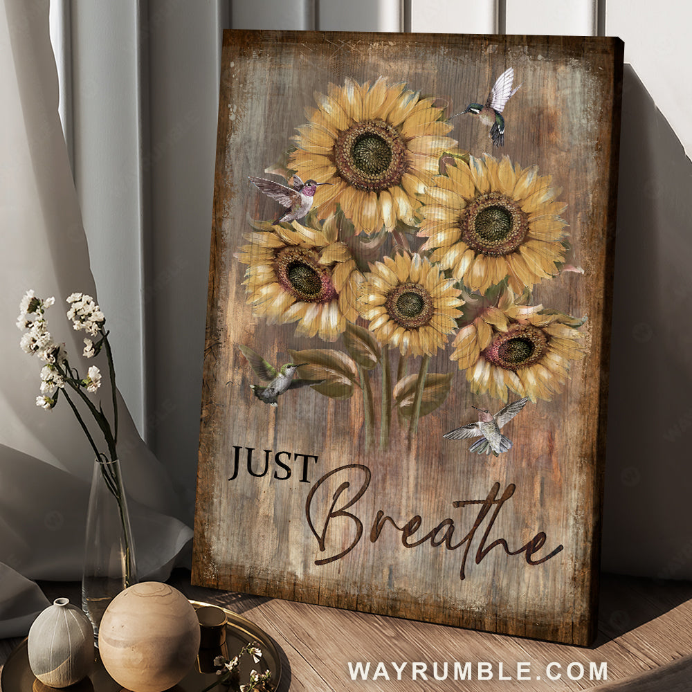 Vintage painting, Sunflower drawing, Hummingbird, Just breathe - Jesus Portrait Canvas Prints, Christian Wall Art