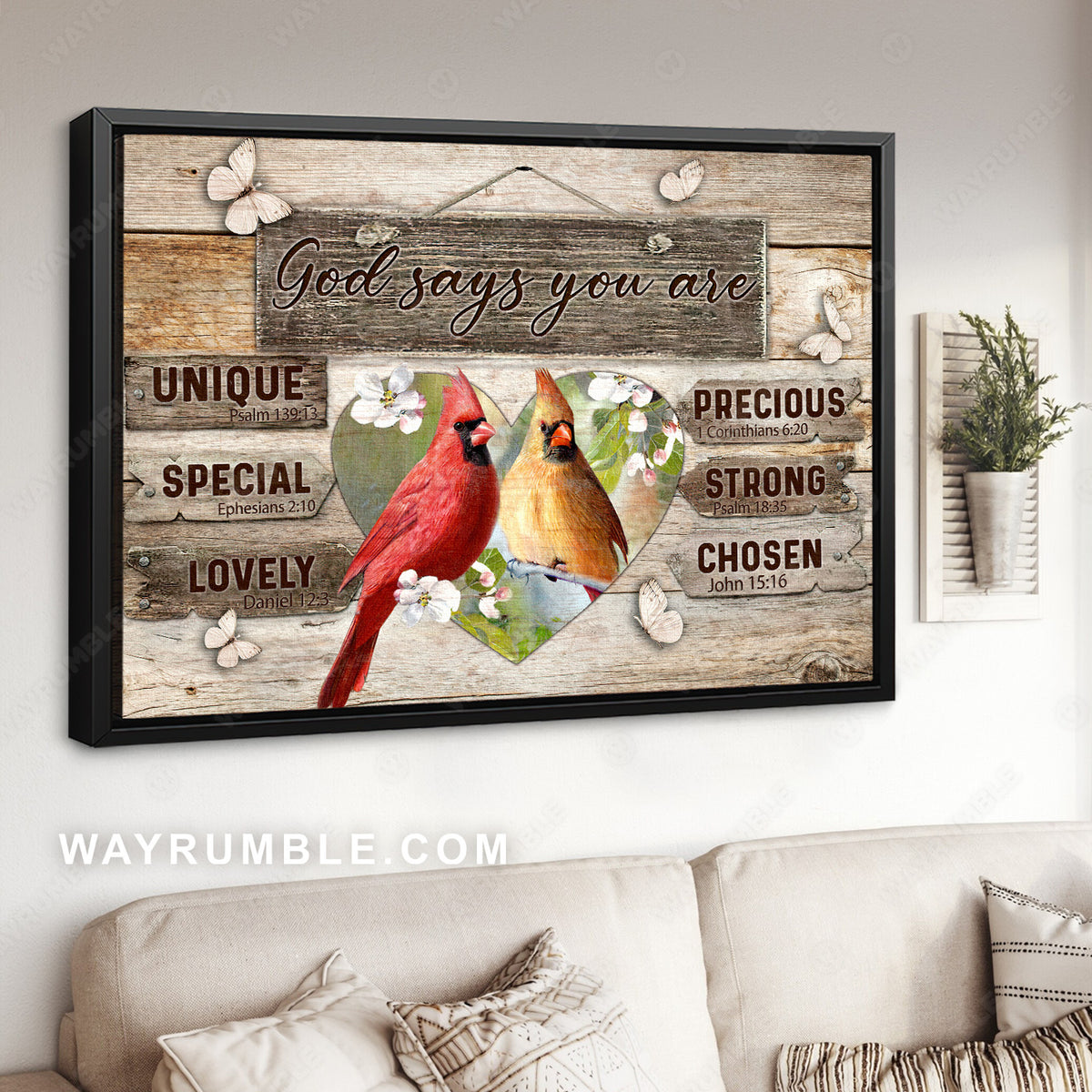Cardinal couple, Jasmine flower, Heart, God says you are unique - Jesus Landscape Canvas Prints, Christian Wall Art