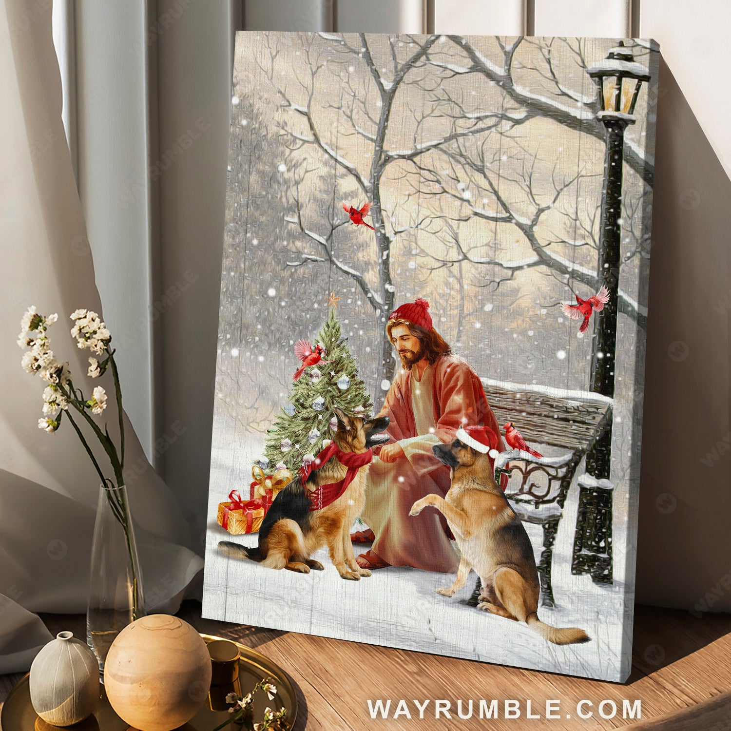 Christmas painting, Lovely German Shepherd, Christmas tree - Jesus Portrait Canvas Prints, Christmas Wall Art