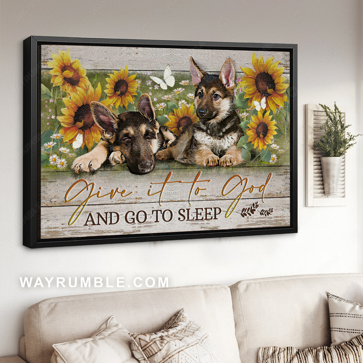 Little German Shepherd, Flower garden, Give it to God and go to sleep - Jesus Landscape Canvas Prints, Christian Wall Art