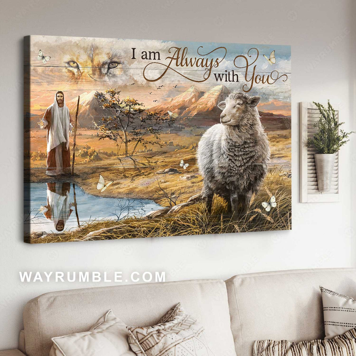 Stunning lamb, Beautiful meadow land, Lion of Judah, I am always with you - Jesus Landscape Canvas Prints, Christian Wall Art