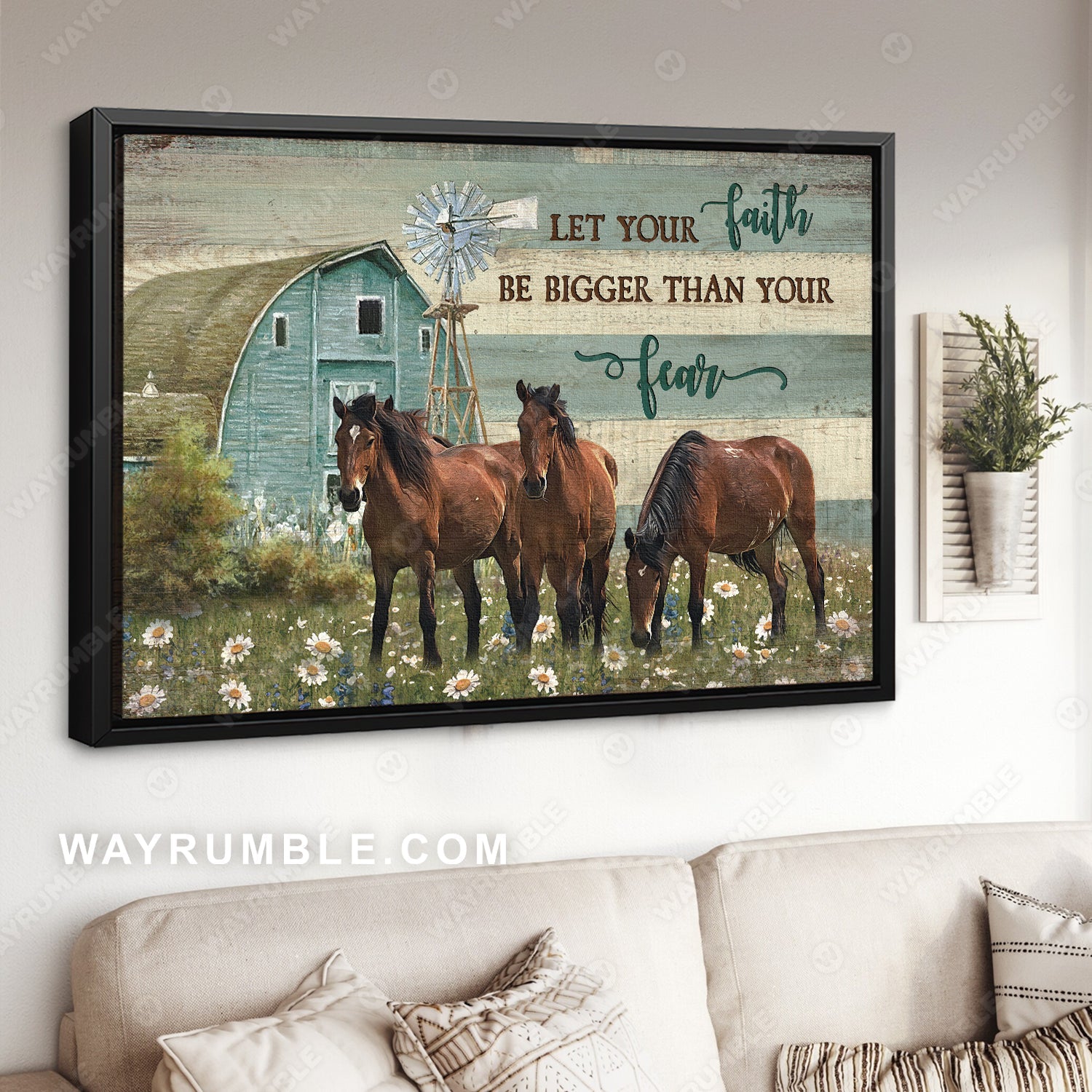 Brown horses, Daisy flower, Green house, Let your faith be bigger than your fear - Jesus Landscape Canvas Prints, Christian Wall Art