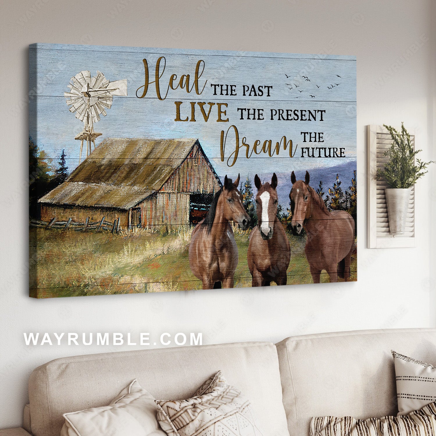 Green meadow, Watercolor horses, Windmill, Heal the past - Jesus Landscape Canvas Prints, Christian Wall Art