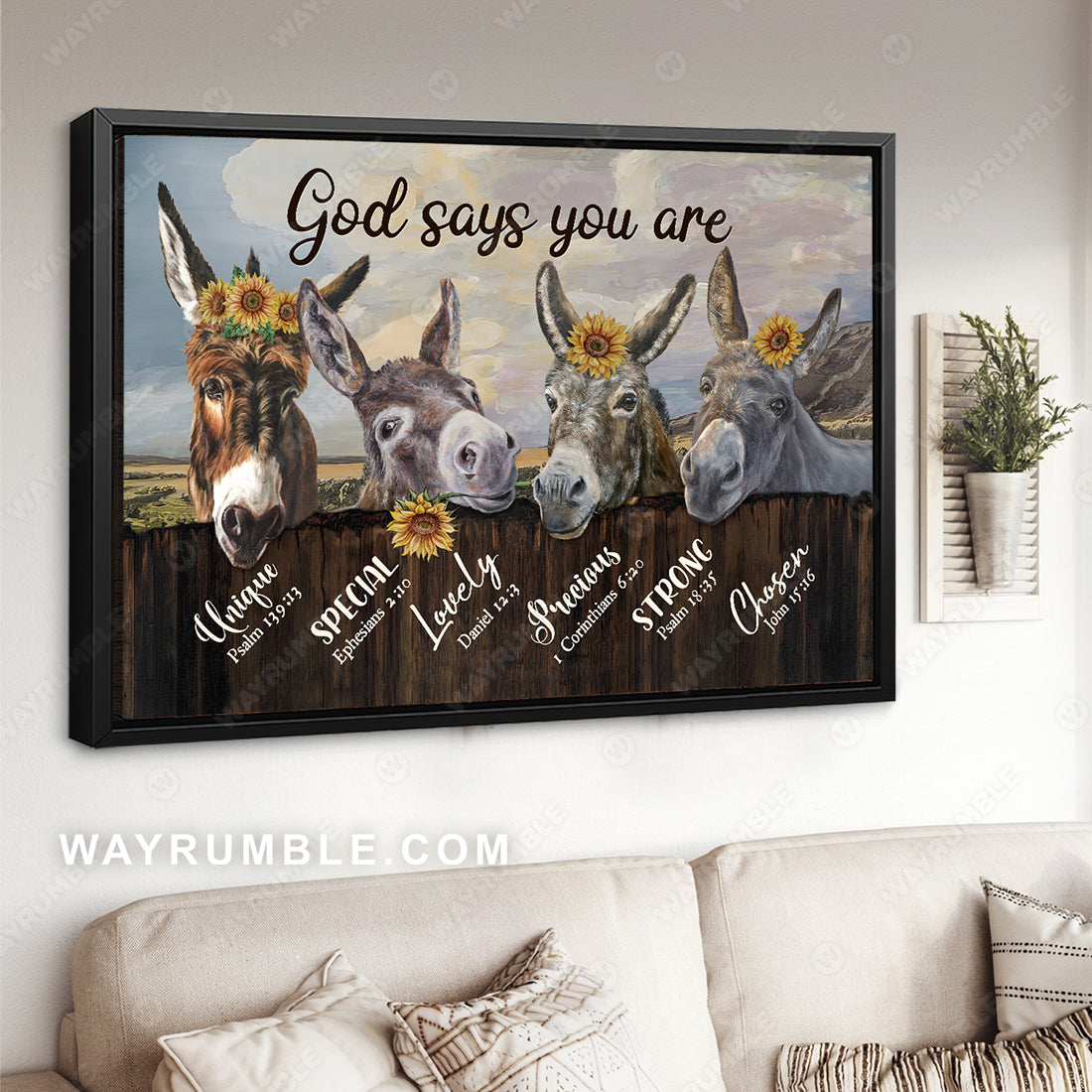 Cute donkey drawing, Sunflower wreath, God says you are unique - Jesus Landscape Canvas Prints, Christian Wall Art
