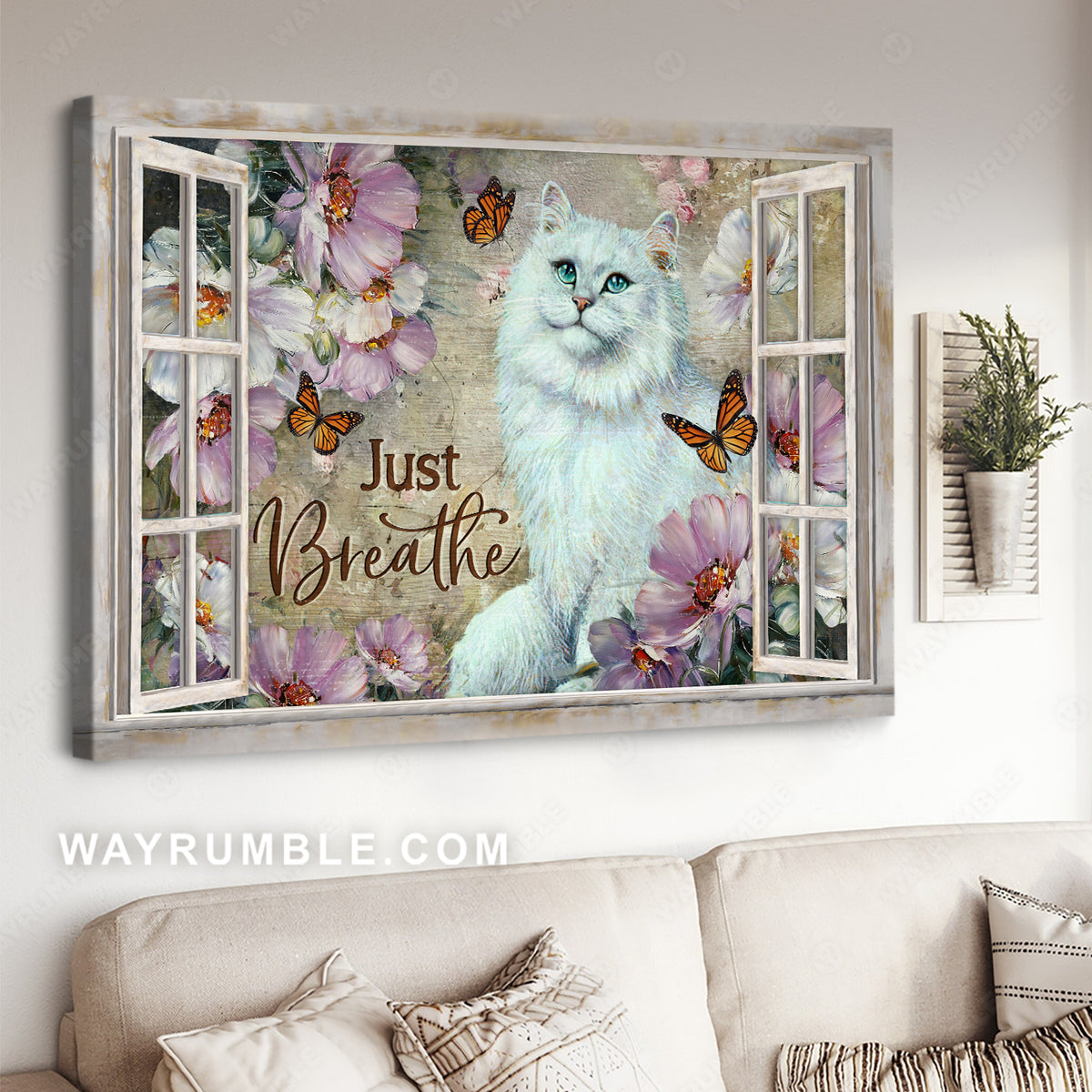 White cat painting, Pink camellia garden, Orange butterfly, Just breathe - Jesus Landscape Canvas Prints, Christian Wall Art
