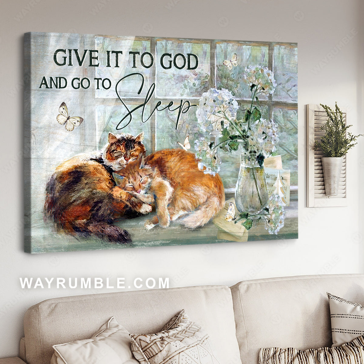 White hydrangea, Sleeping cat, Spring garden, Give it to God - Jesus Landscape Canvas Prints, Christian Wall Art