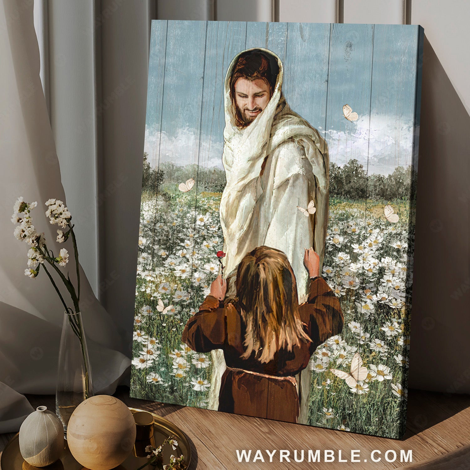 Happy Jesus painting, Little girl, Pretty daisy field, White butterfly - Jesus Portrait Canvas Prints, Christian Wall Art