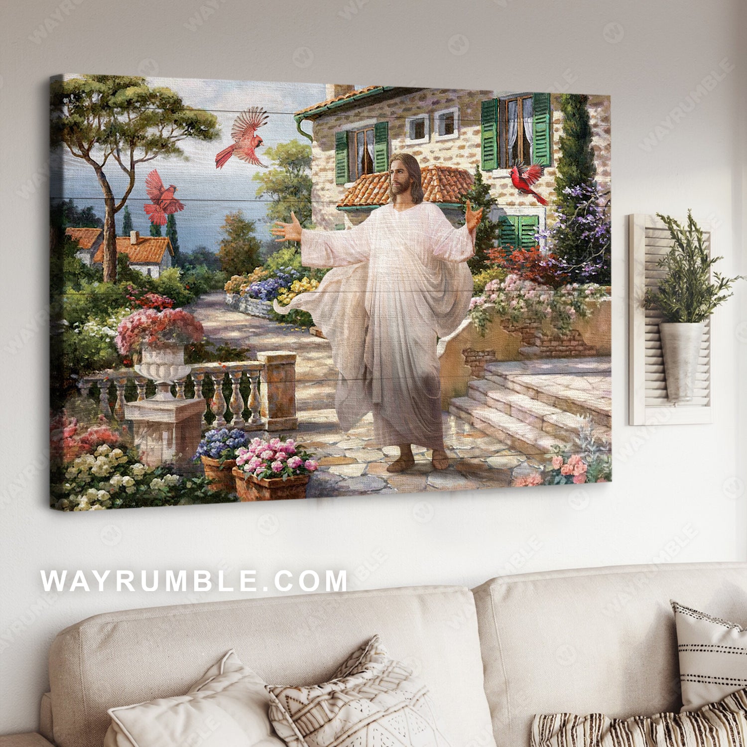 Amazing scene, Colorful garden, Lovely cardinal, The life of Jesus - Jesus Landscape Canvas Prints, Home Decor Wall Art