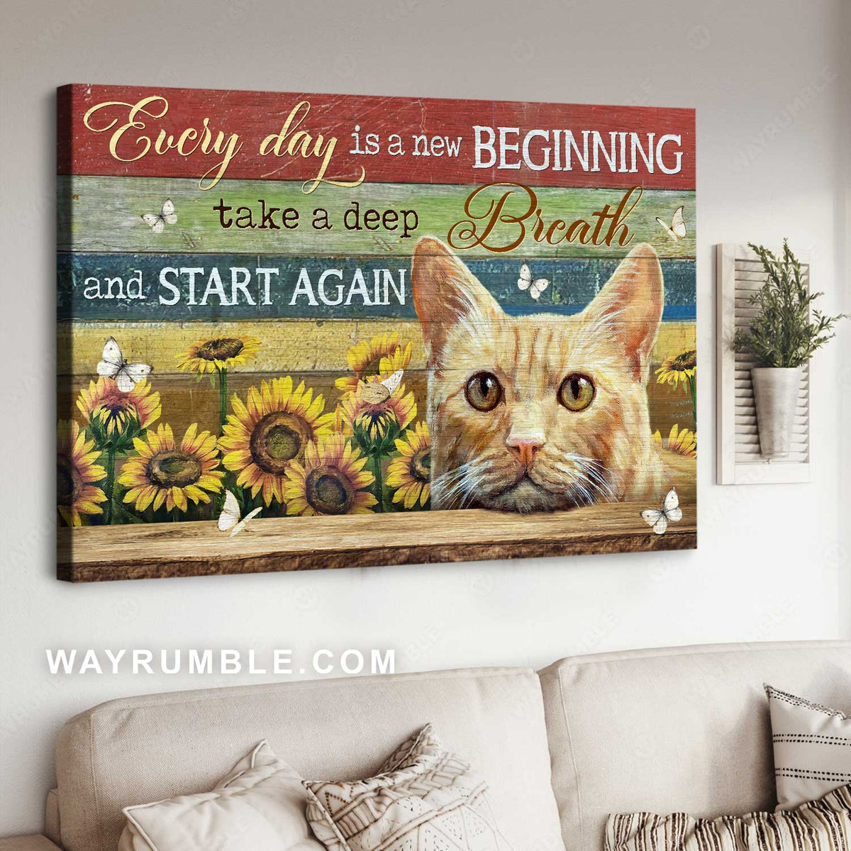 Cute cat face, Sunflower frame, Butterfly, Every day is a new beginning - Jesus Landscape Canvas Prints, Christian Wall Art