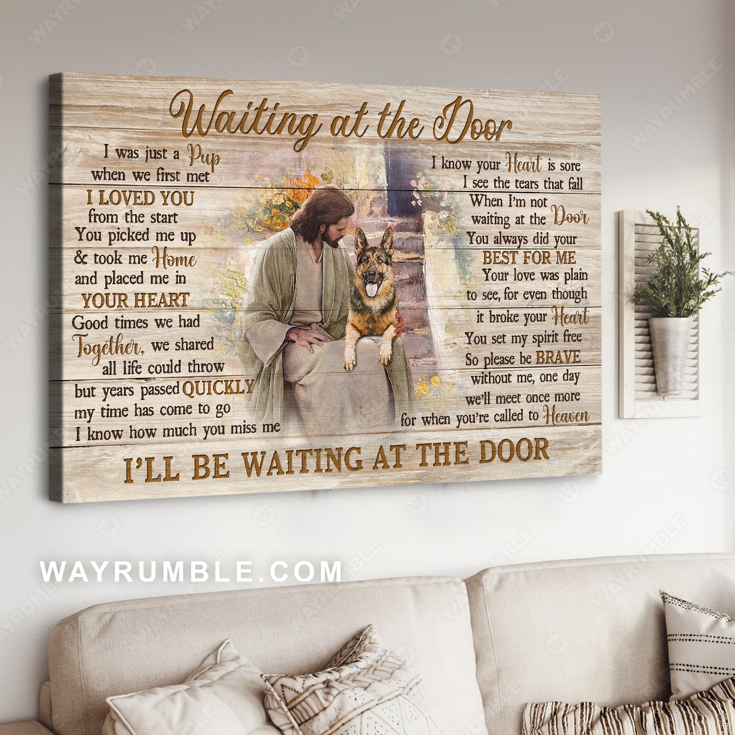 Lovely German Shepherd, Jesus painting, Waiting at the door - Jesus Landscape Canvas Prints, Home Decor Wall Art