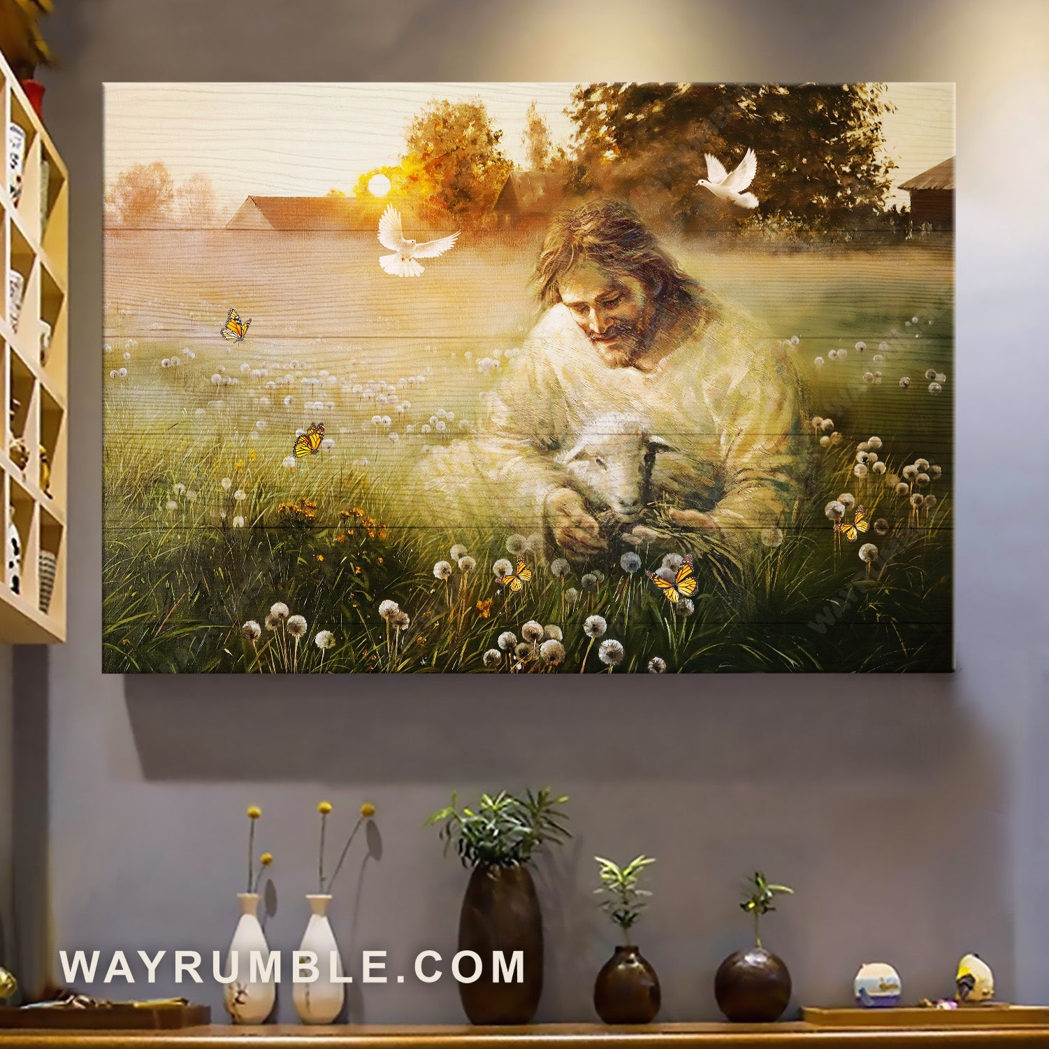 Peace scene, Happy Jesus, Lamb of God, Pretty dandelion field - Jesus Landscape Canvas Prints, Home Decor Wall Art