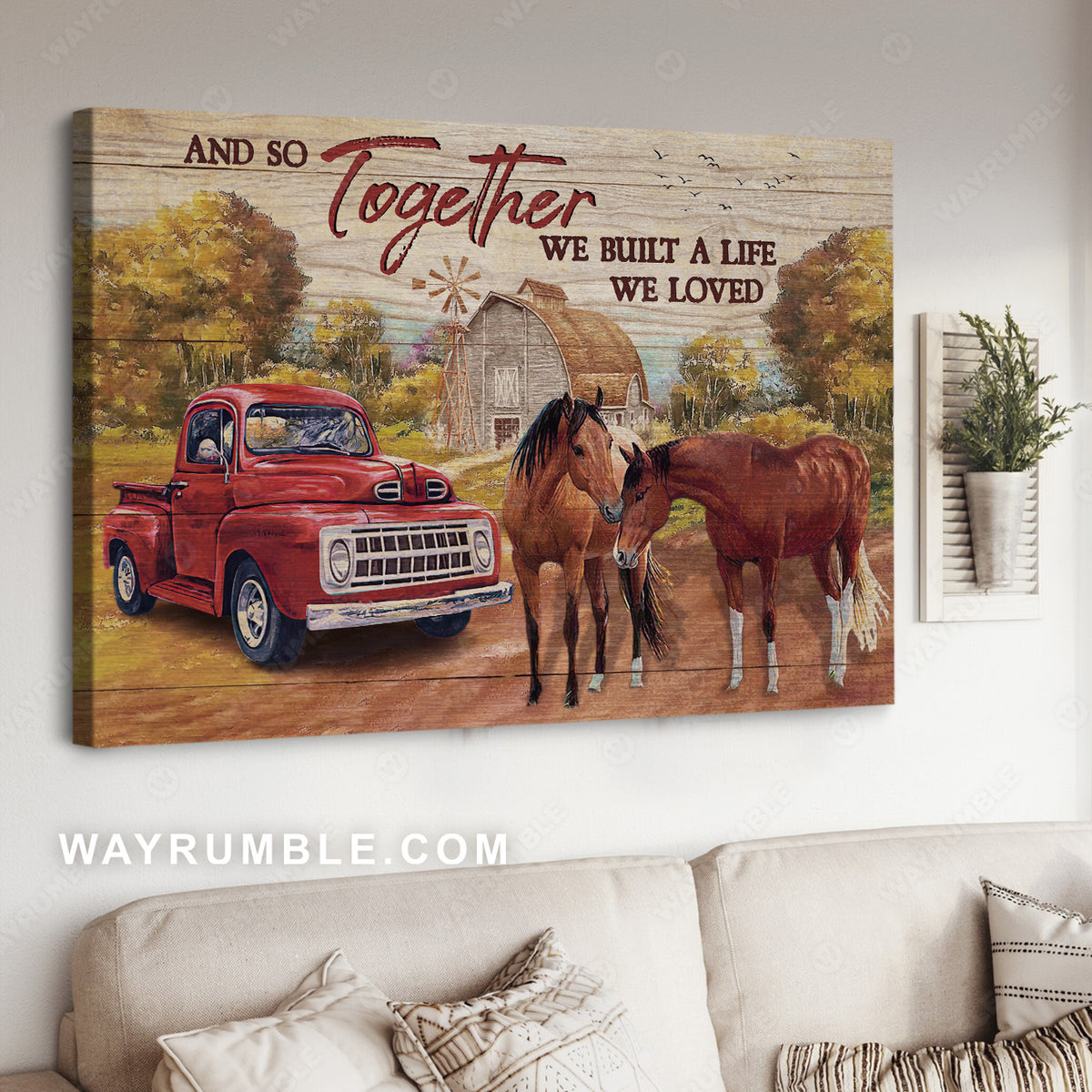 Beautiful countryside, Brown horse, Ladybug car, We built a life we loved - Family Landscape Canvas Prints, Wall Art