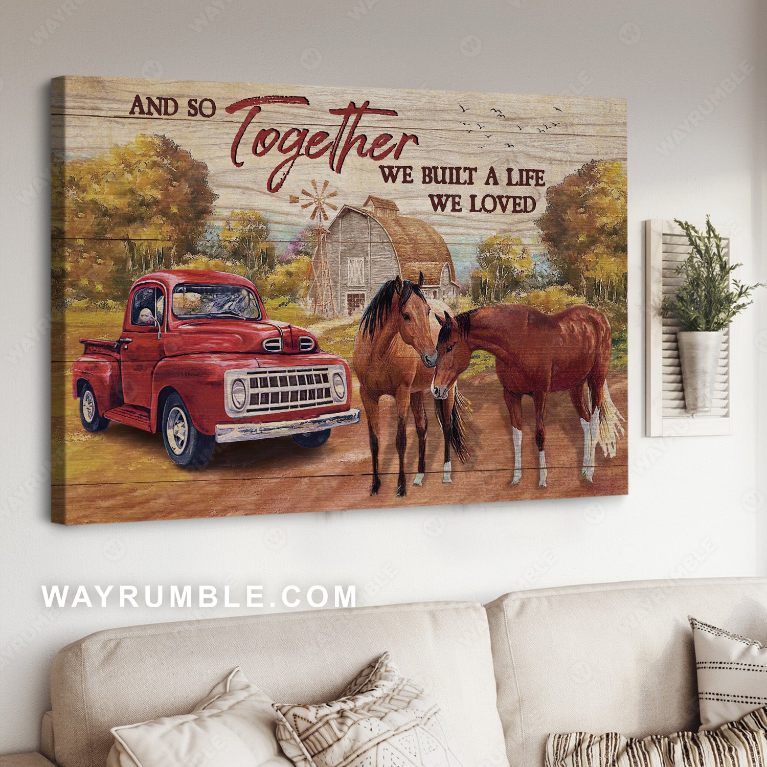 Beautiful countryside, Brown horse, Ladybug car, We built a life we loved - Family Landscape Canvas Prints, Wall Art