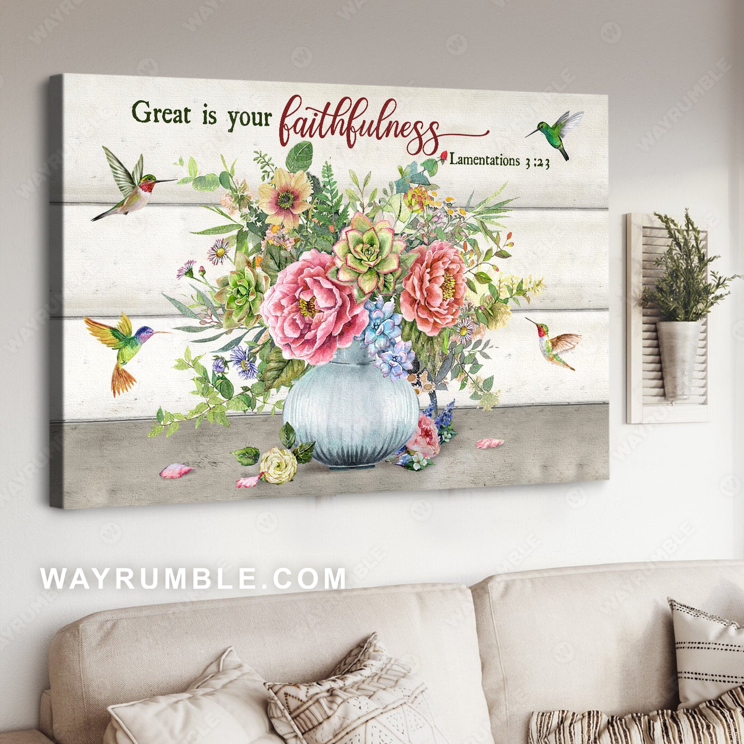 Colorful flower, Brilliant drawing, Hummingbird, Great is your faithfulness - Jesus Landscape Canvas Prints, Home Decor Wall Art