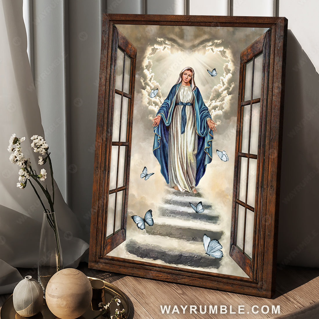 Maria painting, Blue butterfly, Vintage window, The way to heaven - Jesus Portrait Canvas Prints, Christian Wall Art