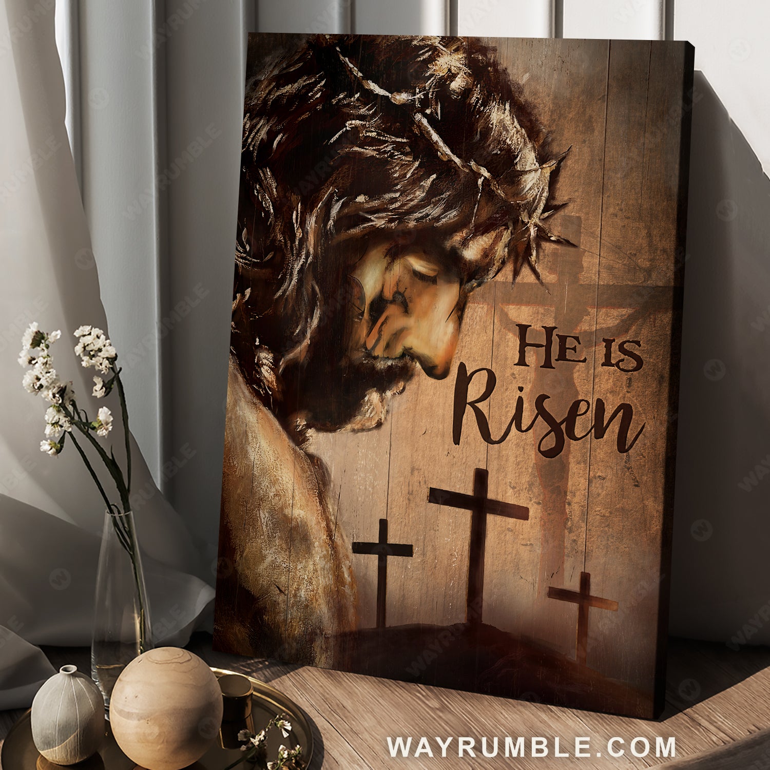 The face of Jesus, Crown of thorn, Cross symbol, He is risen - Jesus Portrait Canvas Prints, Christian Wall Art
