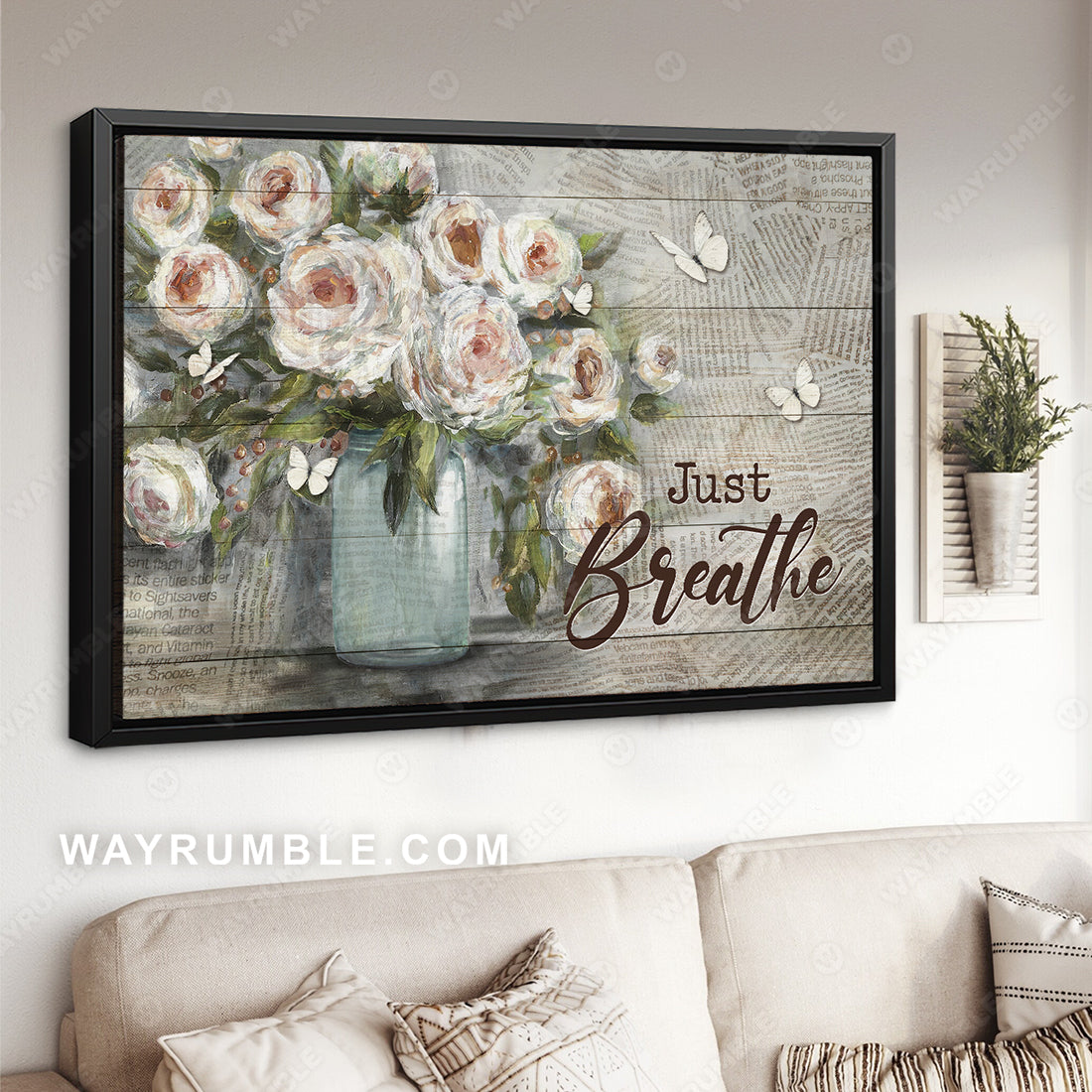 Watercolor rose, Newspaper background, Butterfly, Just breathe - Jesus Landscape Canvas Prints, Christian Wall Art
