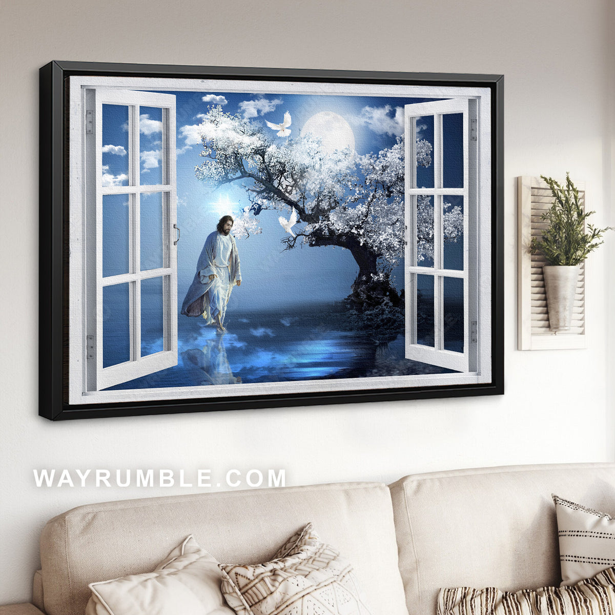 Blue night, Magic tree, Full moon, White dove, Walking with Jesus - Jesus Landscape Canvas Prints, Christian Wall Art