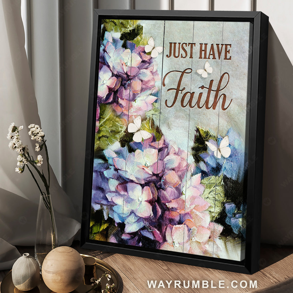 Hydrangea frame, Pastel flower, White butterfly, Just have faith - Jesus Portrait Canvas Prints, Home Decor Wall Art