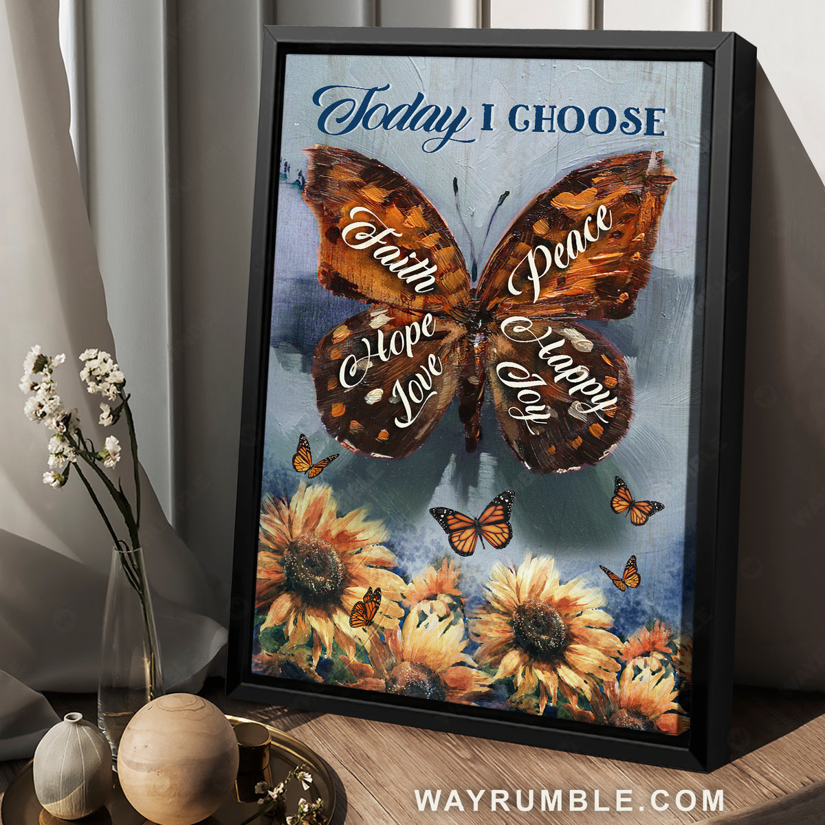 Brown butterfly, Sunflower garden, Today I choose peace - Jesus Portrait Canvas Prints, Christian Wall Art