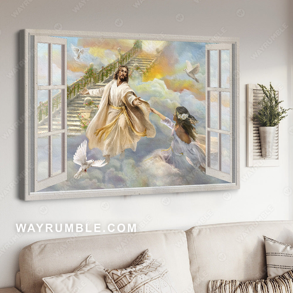 Jesus painting, White dove, The way to heaven, Take my hand - Jesus Landscape Canvas Prints, Christian Wall Art