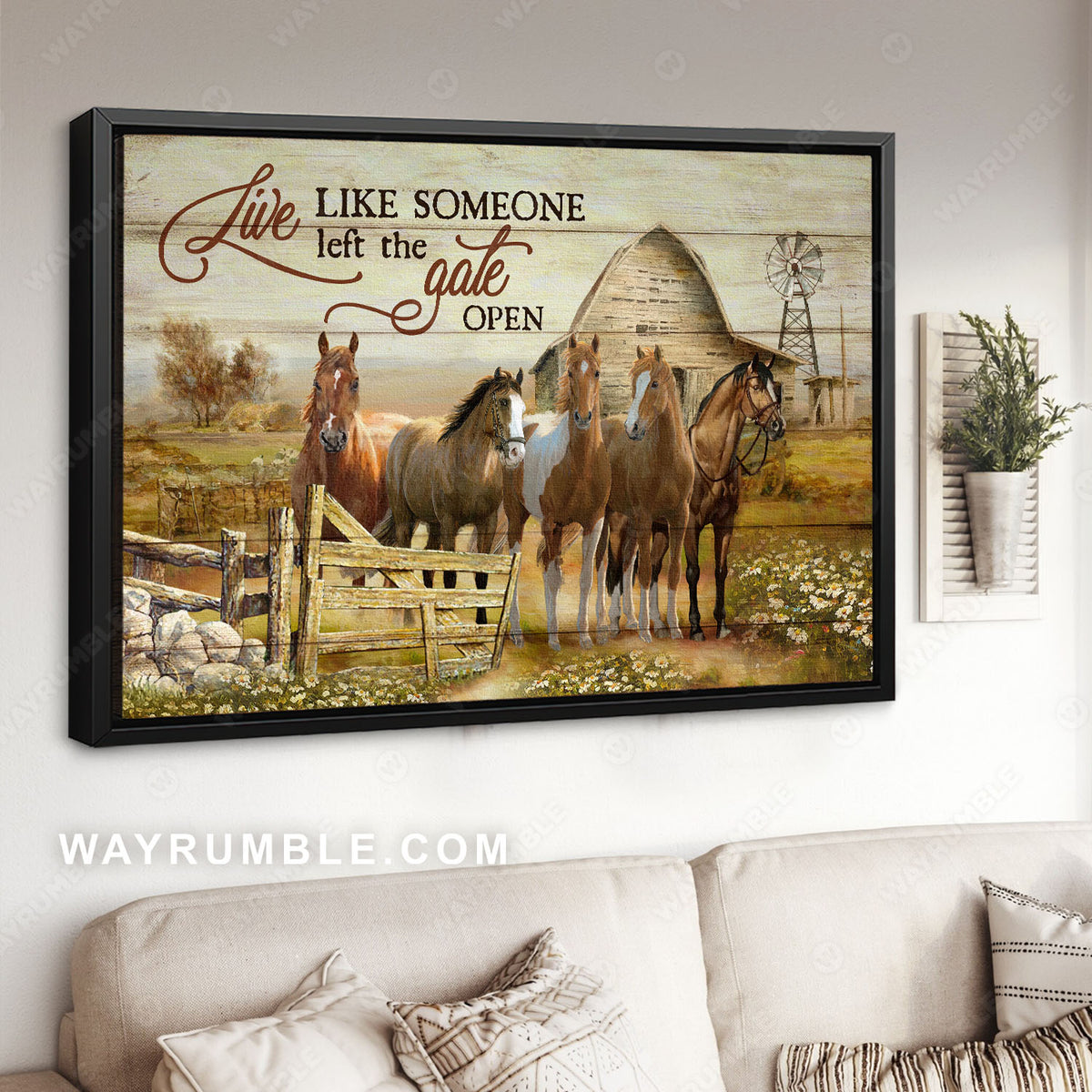 Brown horses, Countryside painting, Live like someone left the gate open - Jesus Landscape Canvas Prints, Christian Wall Art