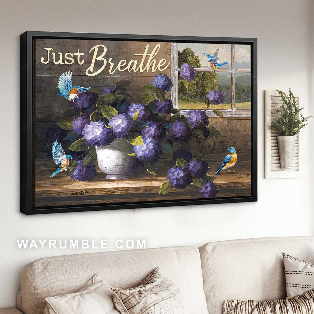 Dark purple hydrangea, Eastern bluebird painting, Just breathe - Jesus Landscape Canvas Prints, Home Decor Wall Art