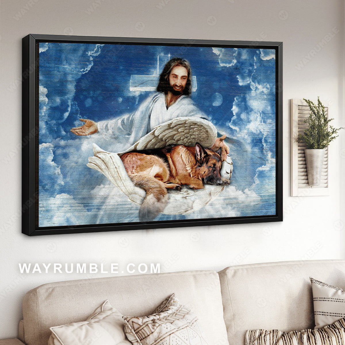 Sleeping German shepherd, Angel wings, Walking with Jesus - Jesus Landscape Canvas Prints, Christian Wall Art