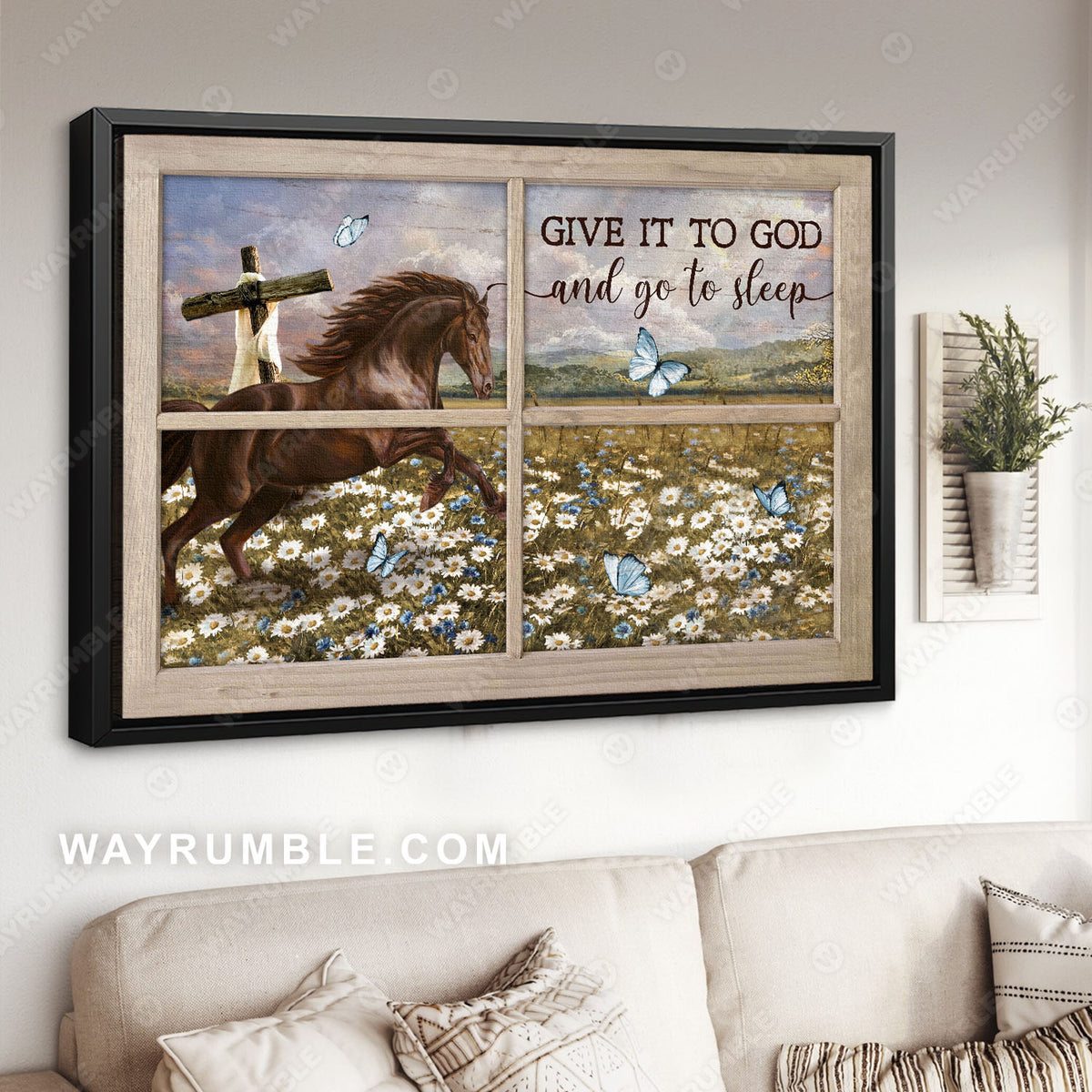 Daisy field, Crazy horse, Wooden cross, Farm, Give it to God and go to sleep - Jesus Landscape Canvas Prints, Christian Wall Art