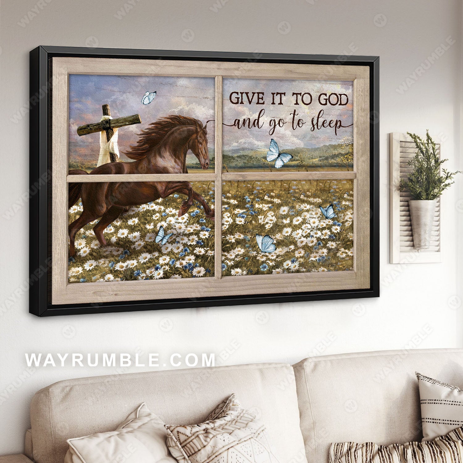 Daisy field, Crazy horse, Wooden cross, Farm, Give it to God and go to sleep - Jesus Landscape Canvas Prints, Christian Wall Art