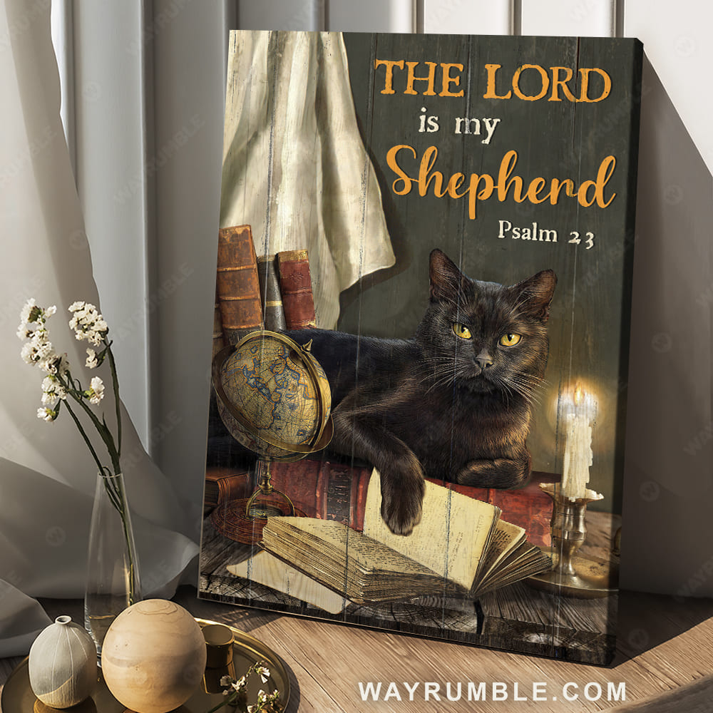 Black cat drawing, Antique book, Gold globe, Candle, The Lord is my shepherd - Jesus Portrait Canvas Prints, Wall Art