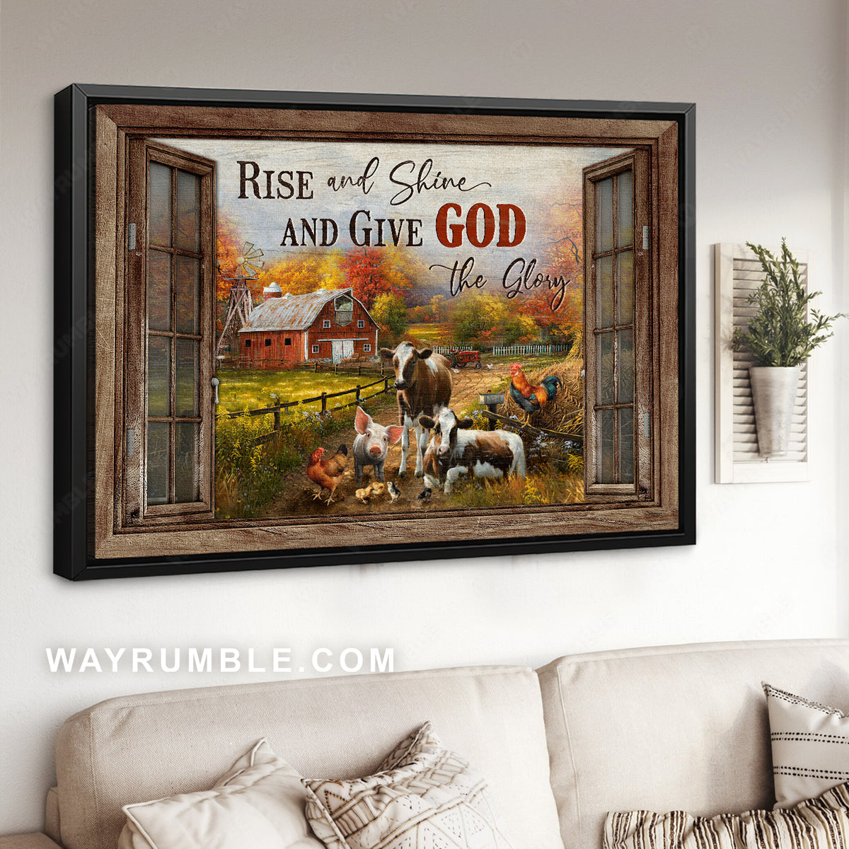 Peace farm, Autumn forest, Red house, Rise and shine and give God the glory - Jesus Landscape Canvas Prints, Christian Wall Art