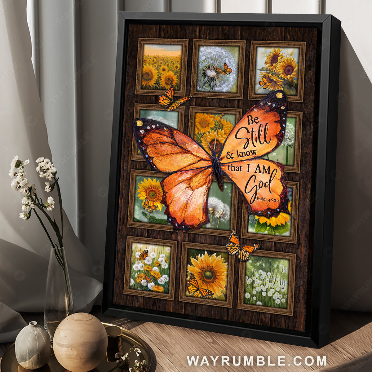 Stunning monarch butterfly, Sunflower painting, Be still and know that I am God - Jesus Portrait Canvas Prints, Home Decor Wall Art