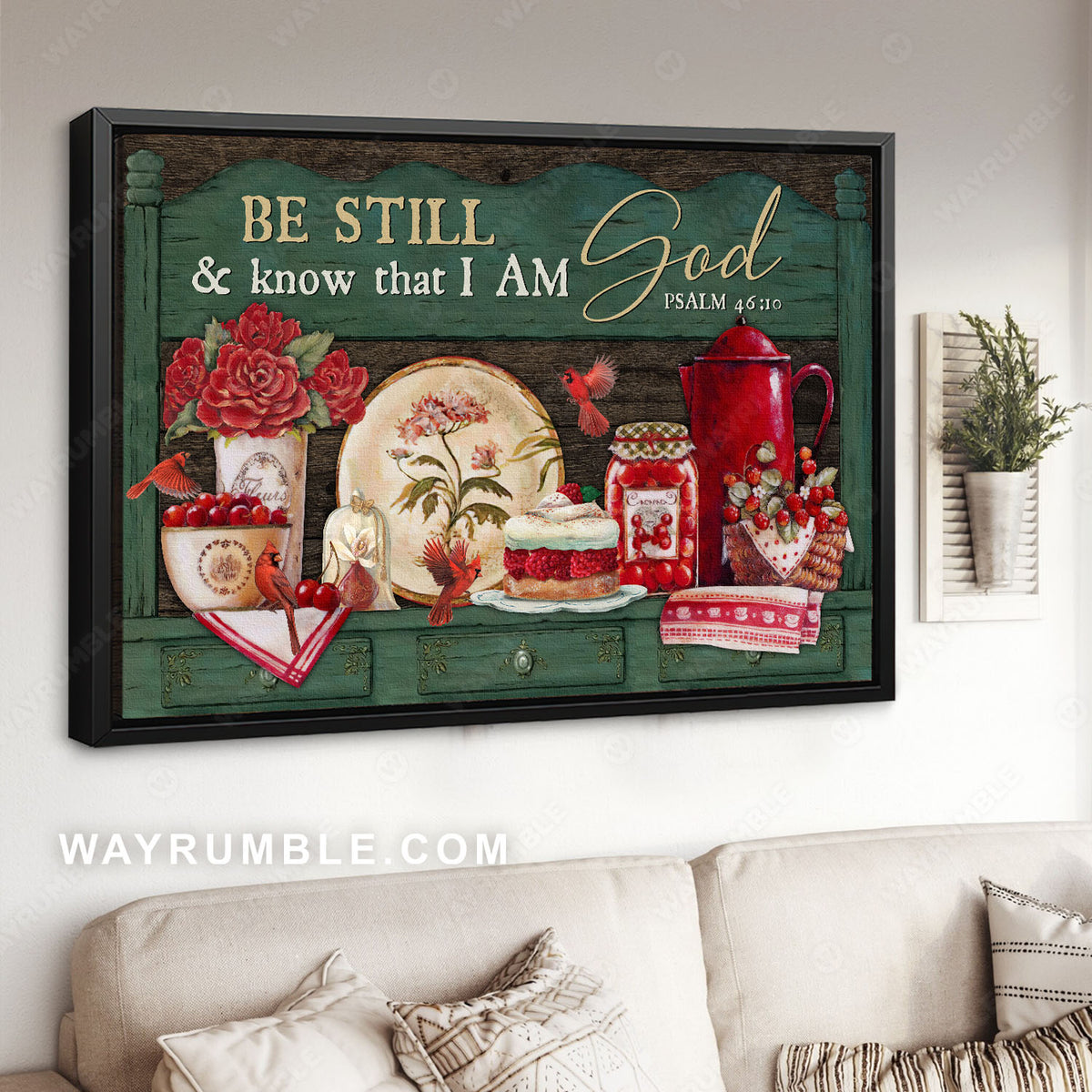 Beautiful kitchen, Christmas Eve, Red cardinal, Be still and know that I am God - Jesus Landscape Canvas Prints, Christian Wall Art