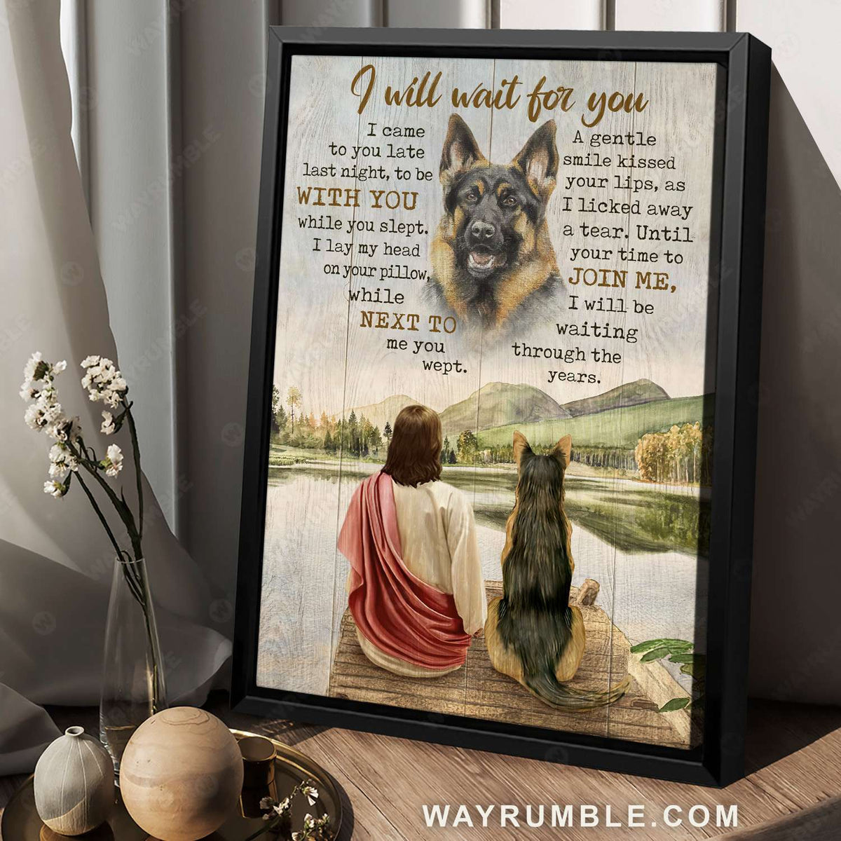 Beautiful lake, German shepherd, Jesus drawing, I will wait for you - Jesus Portrait Canvas Prints, Christian Wall Art
