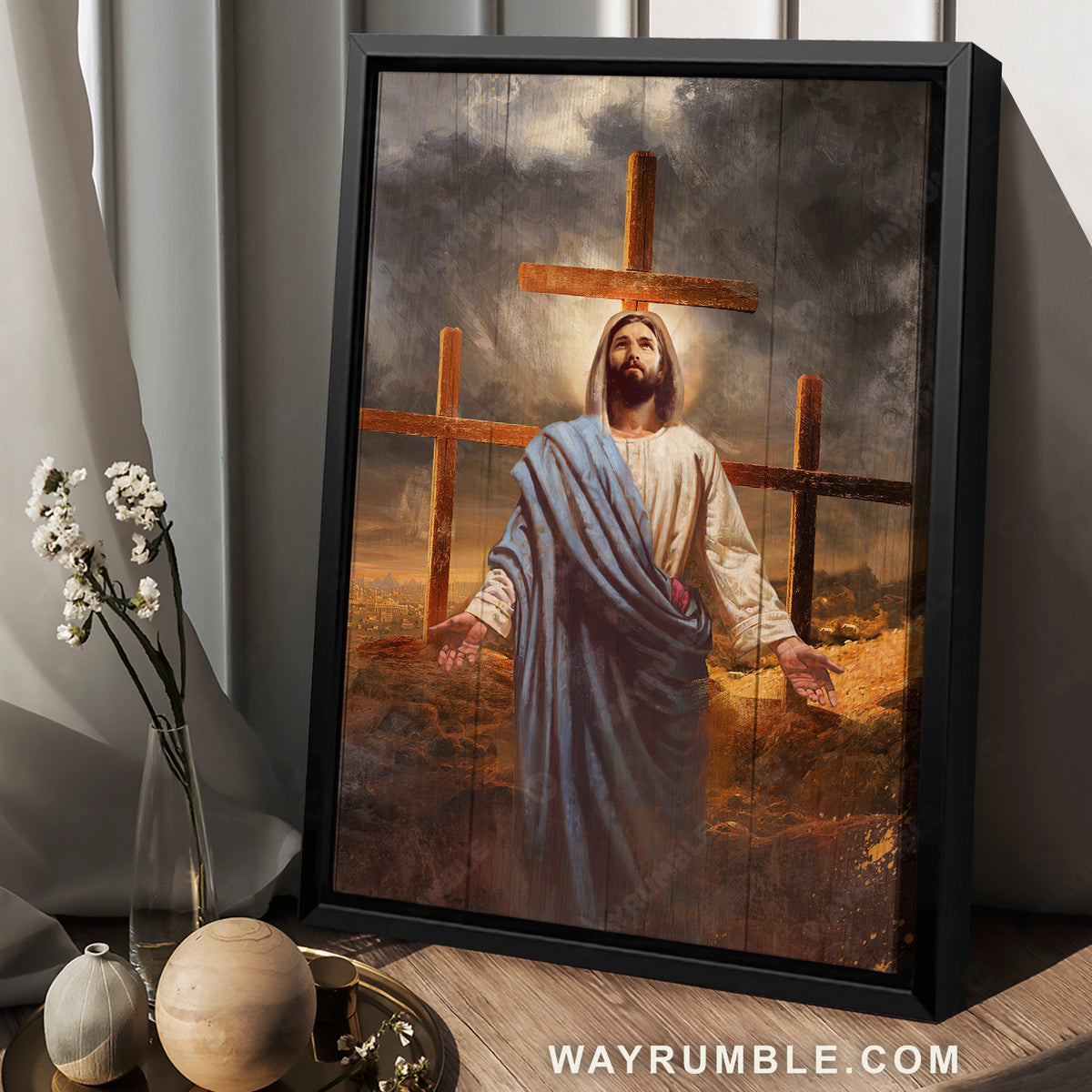 Three old rugged cross, Jesus painting, Black cloud - Jesus Portrait Canvas Prints, Christian Wall Art