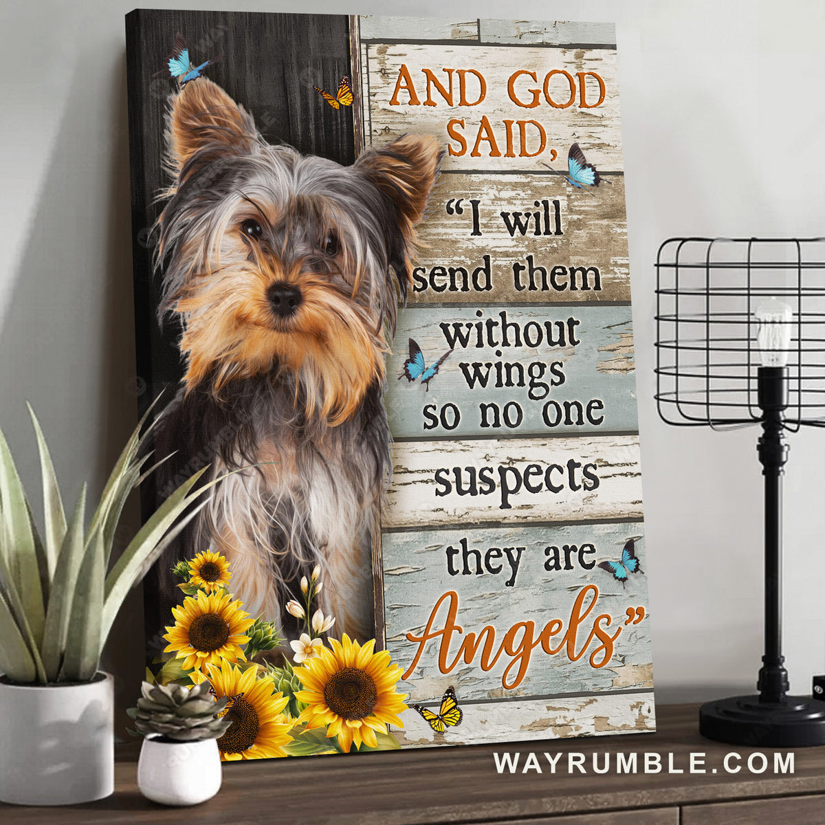 Little Yorkshire Terrier, Sunflower garden, Butterfly, And God said - Jesus Portrait Canvas Prints, Christian Wall Art