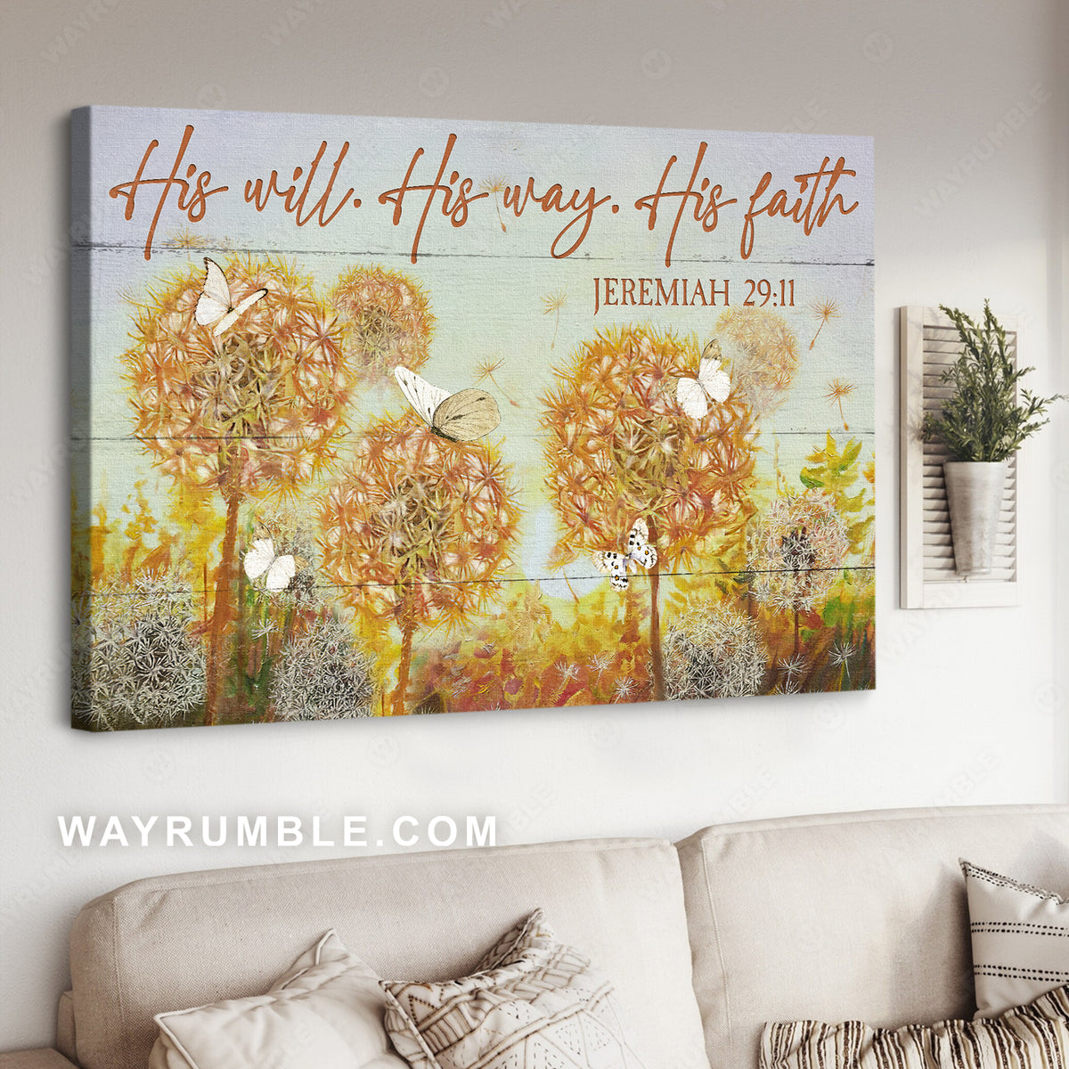 Yellow dandelion field, White butterfly, His will, His way, His faith - Jesus Landscape Canvas Prints, Christian Wall Art