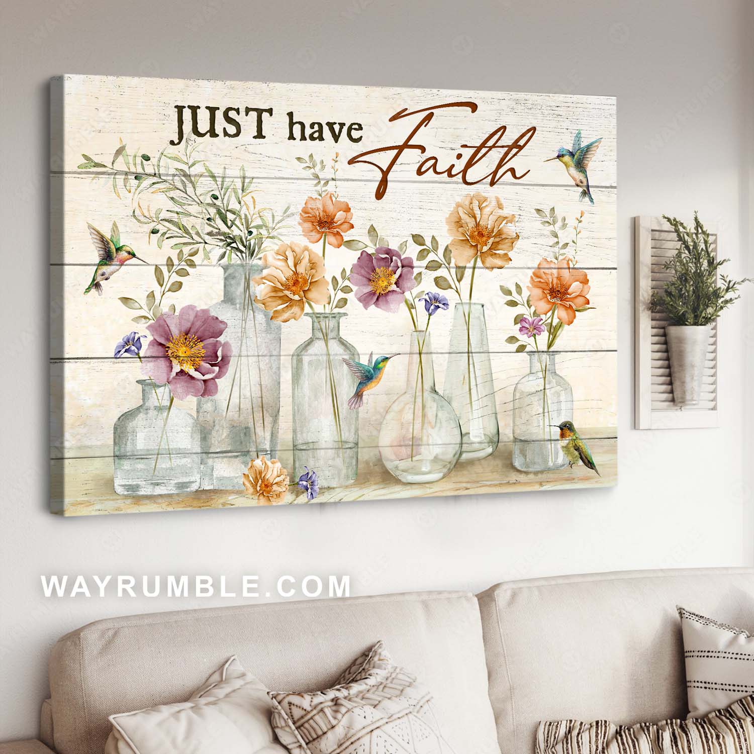Gift for flower lover, Vintage flower, Little hummingbird, Just have faith - Jesus Landscape Canvas Prints, Home Decor Wall Art